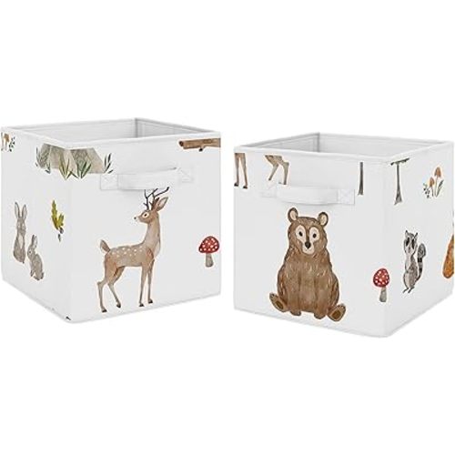 Sweet Jojo Designs Woodland Forest Animals Boy Girl Gender Neutral Unisex Collapsible Fabric Storage Cubes Foldable Bins Organizer Boxes Kids Baby Childrens Toys 2 Set - Animal Friends Bear Watercolor