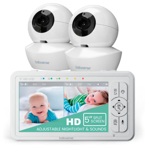 Babysense HD Baby Video Monitor Split Screen, 5" HD Display with 2 Cameras, Night Light, Non-Wi Fi, Pan Tilt Zoom, HDS2