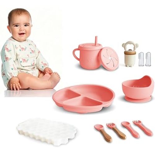 Silicone Baby Feeding Set 12PCS,Baby Led Weaning Set(Light Pink)