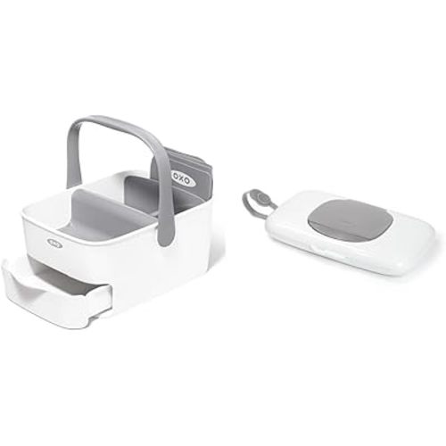 OXO Tot Diaper Caddy with Changing Mat & Tot On-The-Go Wipes Dispenser- Gray, 1 Count (Pack of 1)