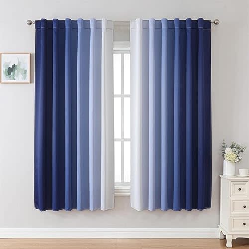 MIUCO Blackout Curtains & Drapes for Bedroom Living Room 63 Inch Length Navy Blue and White Room Darkening Ombre Curtains Rod Pocket & Back Tab Curtains Thermal Insulated Light Blocking 2 Panels Set