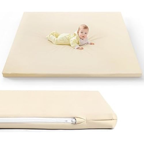 Baby Mat for Floor, Thick Soft Non-Toxic Vegan Leather Baby Play Mat, Waterproof Foam Play Mat, Padded Play Mat for Baby, 50x50 Playpen Mat, Infant Playmat for Baby Girls and Boys, Beige