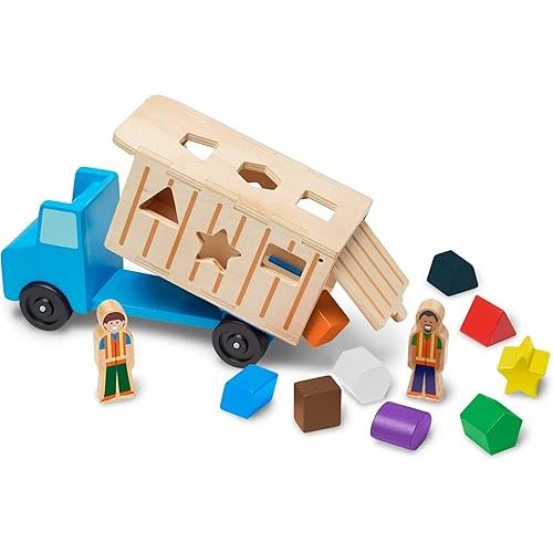 Melissa & Doug Shape-Sorting Wooden Dump Truck Toy With 9 Colorful Shapes and 2 Play Figures Wooden Vehicle Toys, Shape Sorter Toys For Toddlers Ages 2+
