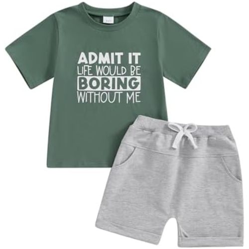 wdehow Toddler Baby Boy Summer Clothes Set Letter Print Crew Neck Short Sleeve T-Shirts Elastic Waist Shorts 2Pcs Outfits