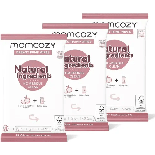Momcozy Natural Breast Pump Wipes for Pump Parts Cleaning On-the-go, 30 Count (Pack of 3), Flash Clean & Resealable Pump Wipes