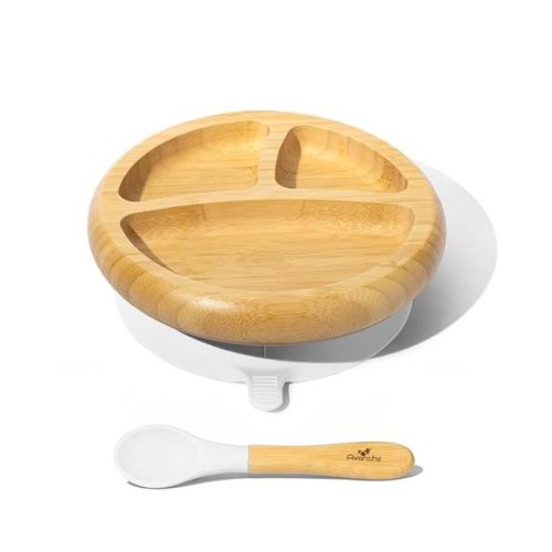 Avanchy Avanchy Baby Plates Divided Bamboo with Suction for Babies Kids Toddler Food with Silicone Spoon for Feeding (White)