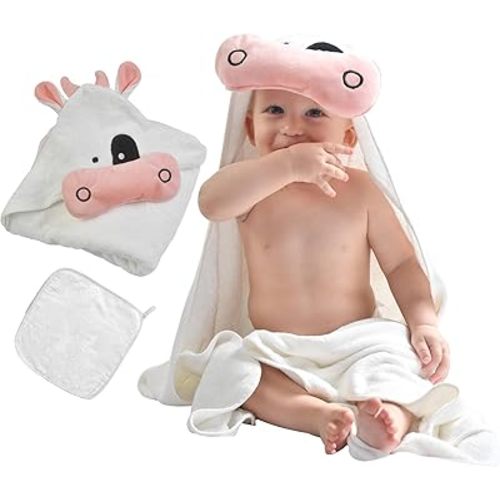 Cow Hooded Towel - Rayon Made from Bamboo - Ultra Soft Absorbent – Hypoallergenic - Organic - Large Baby Towel 35 X 35 inch - for Newborn, Toddler, Kids Washcloths Gift