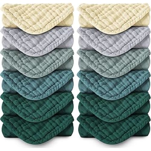 MOON PARK Baby Washcloths, 12 Pack - 12x12 Inches, Small Burp Cloths and Baby Wipes - 100% Cotton Muslin Ultra Soft for Newborn, Infant and Toddlers - Ivory, Slate and Emerald Series
