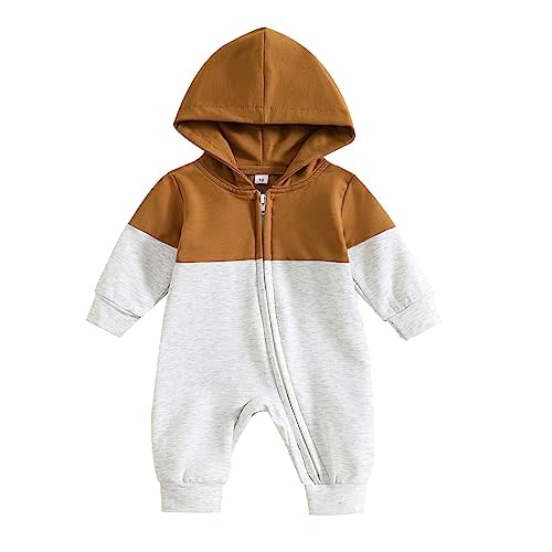 Infant Baby Boys Clothes Hooded Rompers Toddler Newborn Winter Fall Outfits Long Sleeve Zipper Sweatshirts (Brown, 3-6 Months)