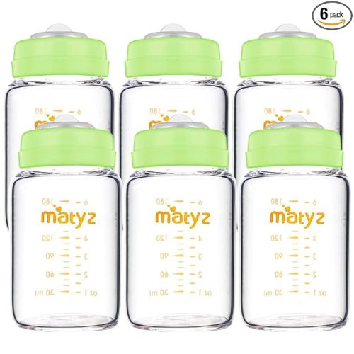 Matyz Glass Breastmilk Storage Bottles, 6 Pack, 6 oz, Compatible with Spectra Medela Breast Pump - Store, Freeze, Warm Up Milk Well - Wide Mouth Breastmilk Storage Containers - No BPA (Green Lids)