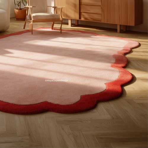 Pink Red Scalloped Edge Rug | Modern Wavy Border Carpet | Feminine Chic Floor Mat | Living Room Boho Decor | Aesthetic Accent Rug