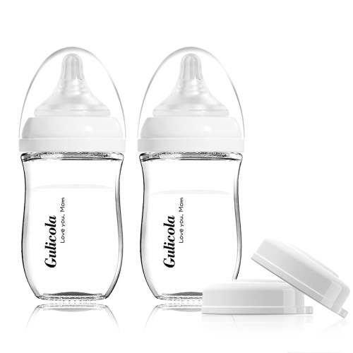 GULICOLA Glass Baby Bottle for Breastfeeding, 5 oz, Wide Neck, Slow Flow Nipple, 2 Pack