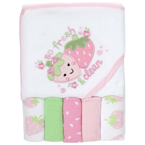 Baby Essentials 6 Piece Bath Towel Washcloth Set Infants Toddlers 6 – 12 Months Bath, Shower, Beach, Pool in So Fresh Strawberry