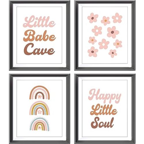 Little Babe Cave Happy Little Soul Boho Nursery Poster Prints for Kids Baby Girls Room Playroom Nursery Decor,Retro Groovy Hippie Rainbow Flowers Decorations Prints Wall Art Unframed 4pcs 8x10 Inches