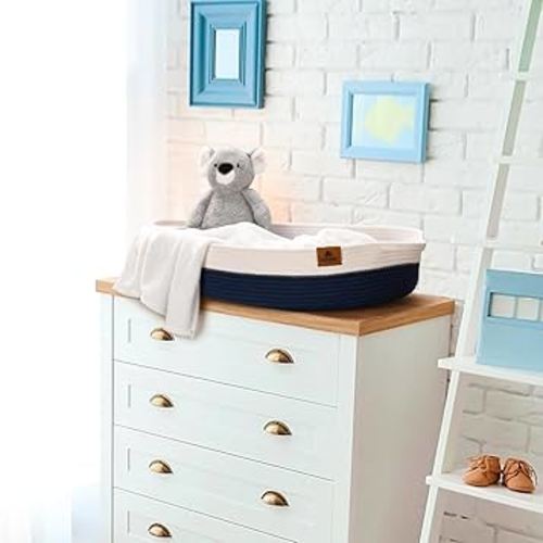 Baby Changing Basket, Baby Changing Pad with Diaper Caddy, 100% Diaper Changing Station for Baby, Cotton Rope Moses Basket, Changing Table Topper for Dresser (Navy Blue)