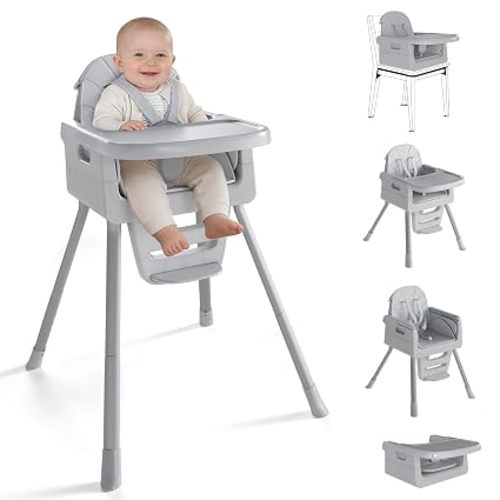 Baby High Chair for 6 Months+, Foldable High Chairs for Babies and Toddlers, Convertible High Chair, Adjustable Tray & Footrest, Portable High Chair & Easy to Clean(Grey with Wood Grain)
