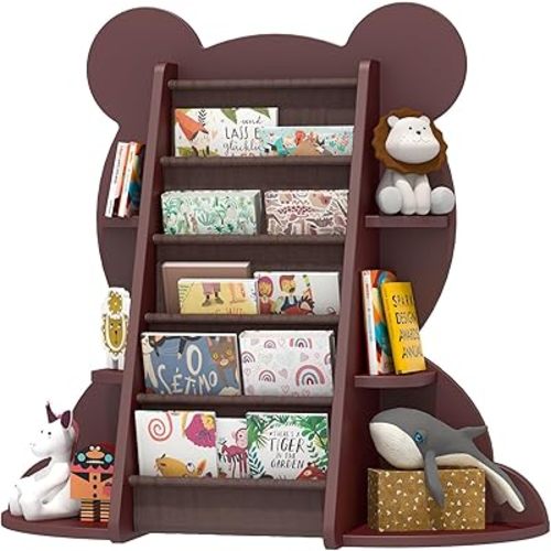 Brown Bear Kids Bookshelf Sling Toddler Bookcase 5-Tier Montessori Baby Book Rack Children Toy Storage Organizer Wood Display Shelf Nursery Playroom Bedroom Classroom School Preschool