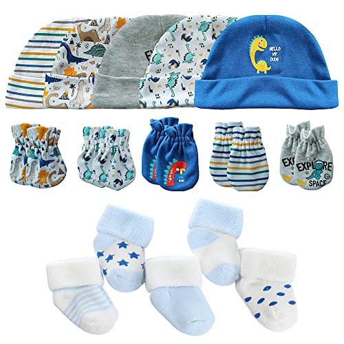 MAMIMAKA Baby Caps Mittens and Thick Warm Socks Cotton Newborn Essentials Accessories (Hats+Gloves+Terry Socks),0-6 Months