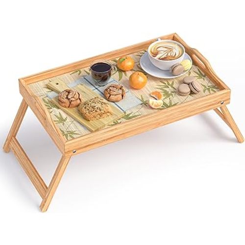 Bamboo Bed Tray Table, Breakfast Tray w/Removable Bamboo Curtain & Folding Legs & Handles, Bed Trays for Eating & Reading…