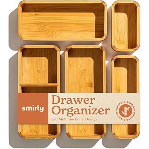 SMIRLY 5-Piece Bamboo Kitchen Drawer Organizer Set for Large and Small Utensils, Multi-use Storage Box - Bathroom, Nightstand, Jewelry, Cutlery, Knife, Spice, Towel, Junk Drawer Tray