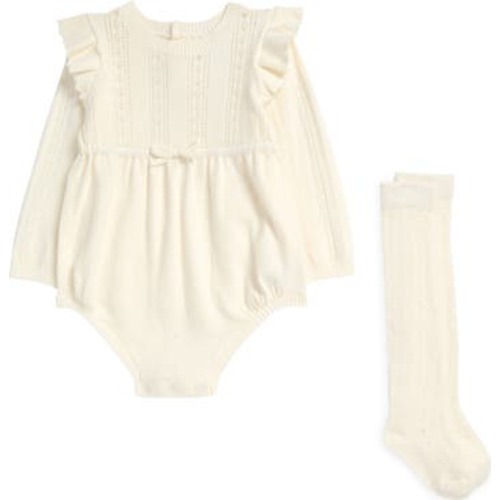 Pointelle Long Sleeve Sweater Romper & Socks Set, 3M