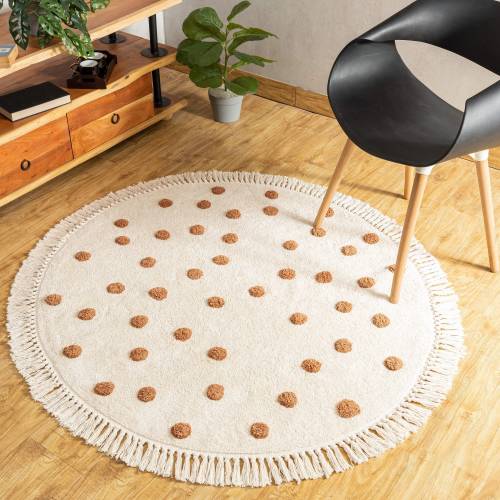 HouseOfDecor - Hand-Tufted Cotton Round Area Rug, Polka Dots, Brown & Off-White, Boho/Bohemian