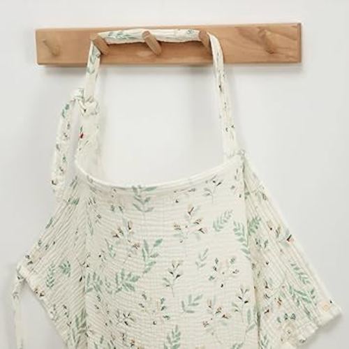 Blissful Diary Muslin Nursing Cover for Breastfeeding, Breathable Breastfeeding Cover up with Arch Neckline for Women, Nursing Apron (Botanical Leaf)