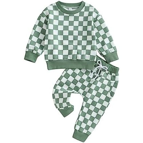Karwuiio Toddler Baby Boy Girl Clothes Checkerboard Print Long Sleeve Sweatshirt Tops and Pants Fall Clothing Set