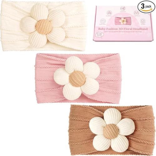 Baby Flower Headbands Baby Girls Nylon Headbands Baby Essentials Stretchy Hairbands Handmade Hair Accessories for Newborn Infant Toddlers Kids (Pink,Brown,Beige)