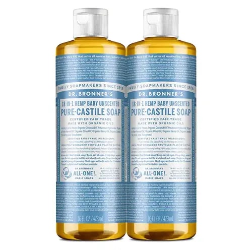 Dr. Bronner’s - Pure-Castile Liquid Soap (Baby Unscented, 16 ounce, 2-Pack) - Made with Organic Oils, 18-in-1 Uses: Face, Hair, Laundry and Dishes, For Sensitive Skin and Babies, No Added Fragrance