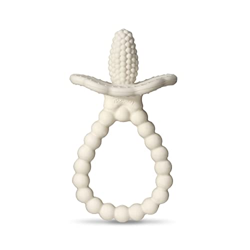RaZbaby Silicone Baby Teether, BerryBumps Textured Silicone Soothes Babies’ Sore Gums, Infant Front and Back Teething Relief Toy, BPA Free, Easy-to-Hold, RaZberry Plus Fruit Shape, 3M+ – White