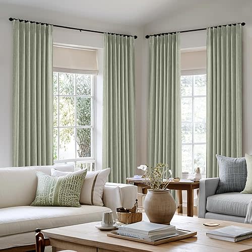 MIULEE Sage Green Pinch Pleated 100% Blackout Linen Curtains 90 Inch Length 2 Panels Set, Pleat Curtains with Pin Hooks, Black Out Light Blocking Room Darkening Drapes for Bedroom Living Room Window