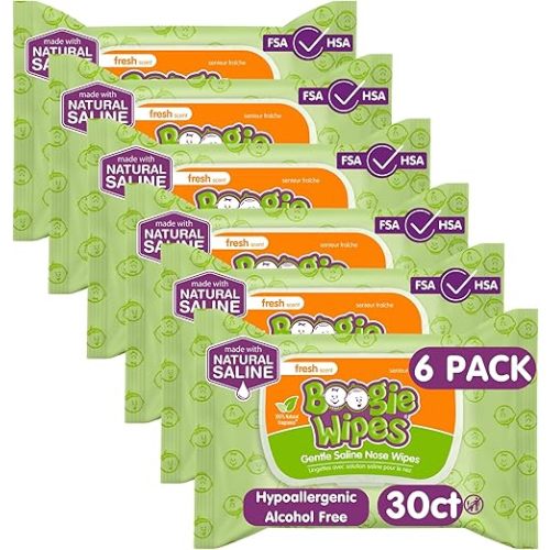 Saline Nose Wipes by Boogie, for Baby & Kids, Face, Hand & Body, FSA/HSA Eligible, Made with Vitamin E, Aloe, and Natural Saline, Fresh Scent, 30 Count (Pack of 6)