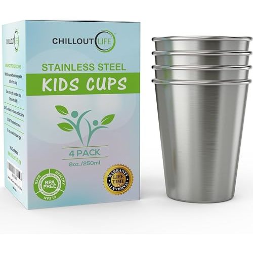 CHILLOUT LIFE Stainless Steel Cups for Kids and Toddlers 8 oz - Stainless Steel Sippy Cups for Home & Outdoor Activities, BPA Free Healthy Unbreakable Premium Metal Drinking Glasses (4-Pack)