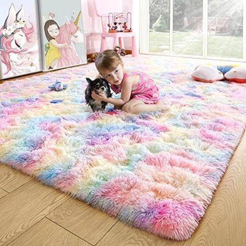 Noahas 5x8 Fluffy Rainbow Rug for Girls Bedroom,Kids Room Rug,Shaggy Area Rugs for Living Room,Fuzzy Colorful Playroom Nursery Rugs Room Decor