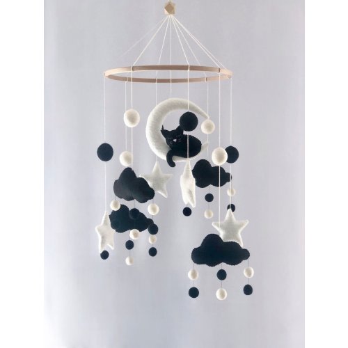 Black and white mobile, Montessori mobile, Cat and moon stars mobile, Kitten mobile, Cats mobile, Neutral nursery, Black cat mobile