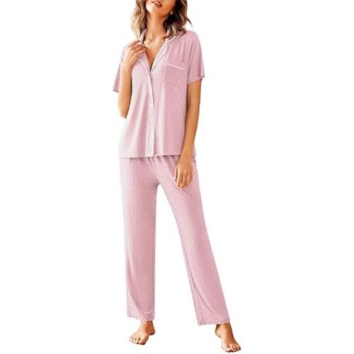 Avidlove Women Pajamas Set Notch Collar Soft Sleepwear Pjs Short Sleeve Button Down Nightwear with Long Pants