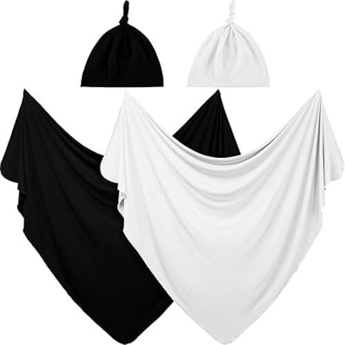 JaGely 2 Pack Baby Newborn Swaddle Blanket and Hat Set 47" x 47" Large Stretchy Receiving Blankets Set for Newborn Baby(Black, White)