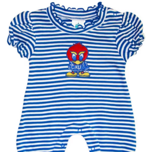 Kansas Jayhawks ROYAL Baby Stripe Puff Sleeve Romper - 35010022