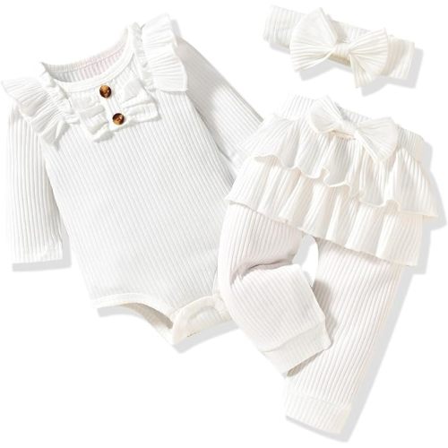 Aalizzwell Preemie Newborn Infant Baby Girls Clothes Ribbed Bodysuit Pants Set Fall Winter Outfits - 3-6 Months - White