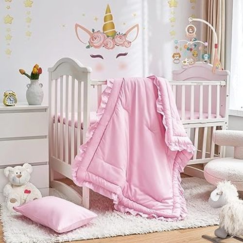 3 Pieces Crib Bedding Set Baby Ruffle Quilted Comforter with Fitted Sheet and Pillowcase - Cute Ruffled Shabby Chic Bedding Soft Blanket Design Pink