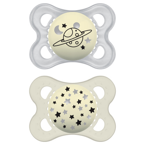 MAM Night Pacifier, 0-6 Months, Unisex, 2 Pack with Self-Sterilizing case