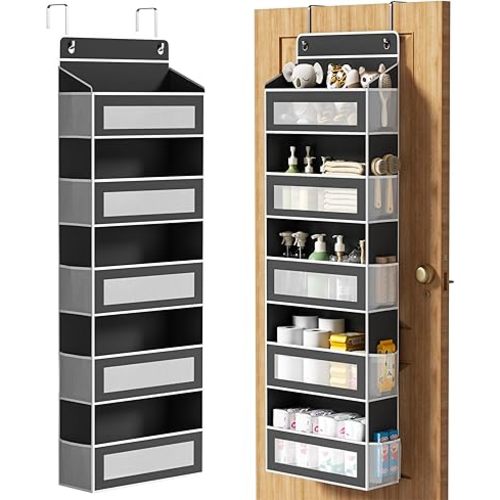 Over The Door Organizer with 5 Large Pockets, Over the Door Storage 10 Side Pockets 44 lb Load Behind Door Storage, Door Organizer Hanging Shelf for Closet Wall Bedroom Bathroom Nursery, 5-Tier Black