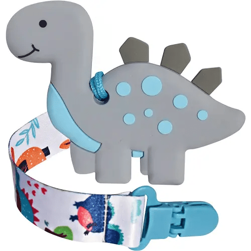 1 Soft Dinosaur Teether for Babies and 1 Baby Pacifier Clip, Valentines Day Gifts for Baby Girl Boy,Silicone Chew Toys for Baby (Grey Dinosaur)