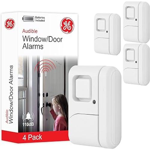 GE Personal Security Window and Door Alarm, 4 Pack, DIY Protection, Burglar Alert, Wireless Chime/Alarm, Easy Installation, Home Security, Ideal for Home, Garage, Apartment and More, White, 45174