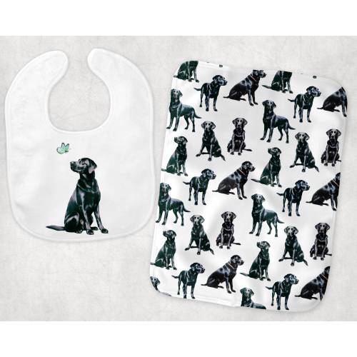 Burp Cloth With Puppy Dogs, Baby Bib With Black Labrador, Gender Neutral Baby Gift Set, Black Lab Dog Mom, Baby Spit Up Rags, Eating Bibs