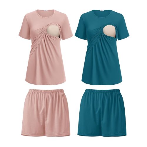 Ekouaer 2 Pack Women's Nursing Pajamas Set Double Layer Maternity Pjs Postpartum Loungewear Set Breastfeeding Tops & Shorts