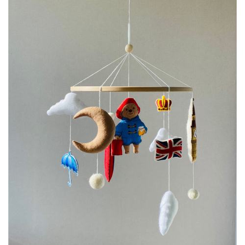 Paddington Bear mobile for newborn nursery, crib nursery decor, baby kids room, gender neutral mobile, custom mobile boy, newborn gifts.
