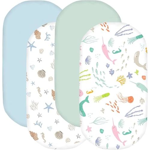Little Grape Land Baby Bassinet Sheet Sets, 4 Pack Universal Fitted Bassinet Sheets, Breathable Microfiber for Bassinet Mattress (32"x16"x4"), Ocean/Shell/Mint/Blue