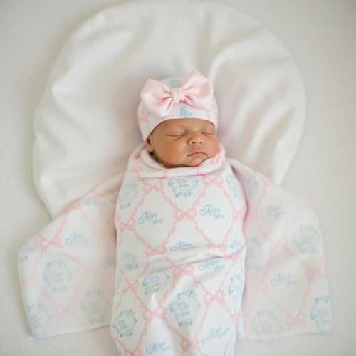 Pink Bows Baby Girl Swaddle - Blanket For Newborn - Pink and Blue Coquette- Preppy Baby Gift - Personalized Custom Baby Blanket